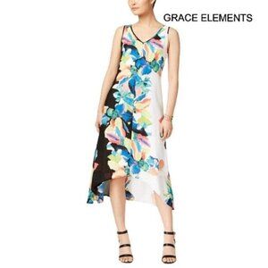 Grace Elements Women's‎ V Neck Floral Printed High-Low Midi Dress